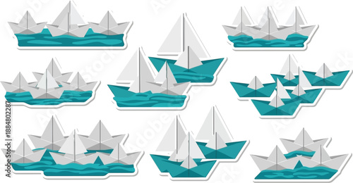 A collection of paper boats and sailboats sailing on turquoise water.