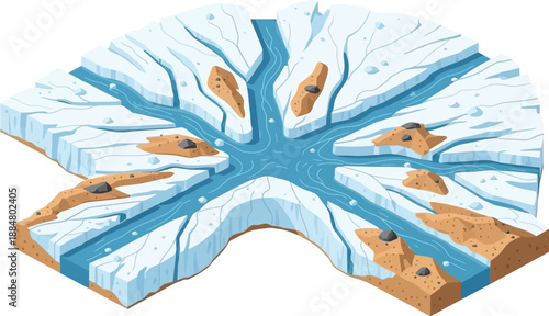 An overhead view of a glacial meltwater stream system forming channels in the ice.