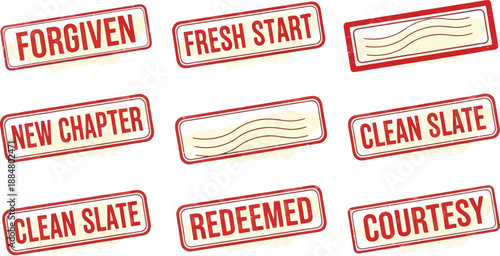 Multiple red and white rubber stamps with words like 'Forgiven', 'Fresh Start', 'New Chapter', 'Clean Slate', 'Redeemed', and 'Courtesy'.