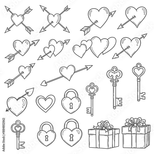 Icon collection of hearts and keys