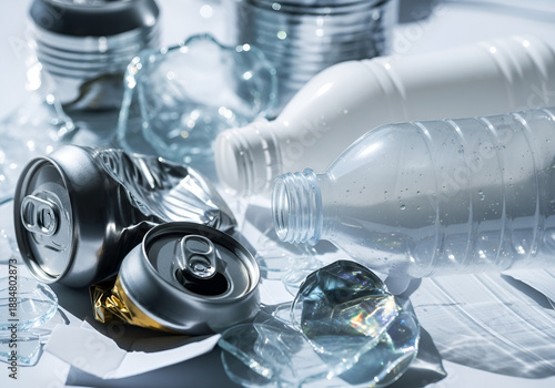 Close-Up of Mixed Recyclable Waste, Plastic, Glass, and Cans, Recycling Materials, Environmental Waste Management, Sustainable Practices Illustration