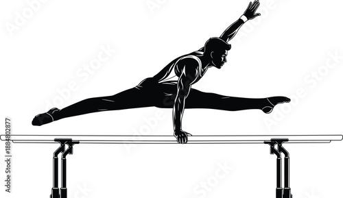 Male gymnast silhouette performing parallel bars split routine showcasing strength balance flexibility and artistic gymnastics performance in black and white vector illustration