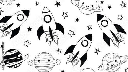 Cute space rocket and planet pattern with stars playful cartoon astronomy theme for kids in black and white vector illustration