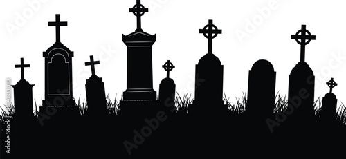 Cemetery graveyard silhouette with tombstones crosses and grass spooky memorial concept in black and white vector illustration design