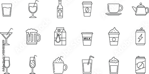 Collection of different types of beverages and containers icon set in outline style