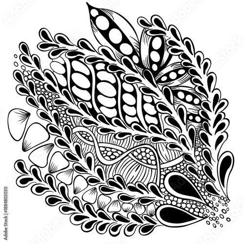 zentangle styles, biological motifs, intricate black-and-white illustration, seed pods, pea husks, pebbles, teardrops, leaves, three-dimensionality, large white shapes and solid black fill