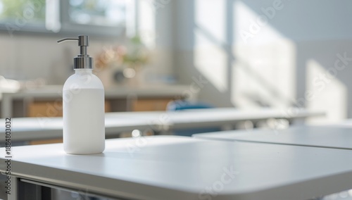 Hand Sanitizer Placed on a Table in an Empty Classroom Setting During School ...