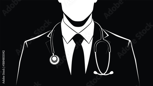 Doctor silhouette with stethoscope wearing suit and tie professional healthcare medical concept in black and white vector illustration