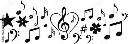 Music note icon set with treble clef heart stars flowers and musical symbols in black and white vector illustration