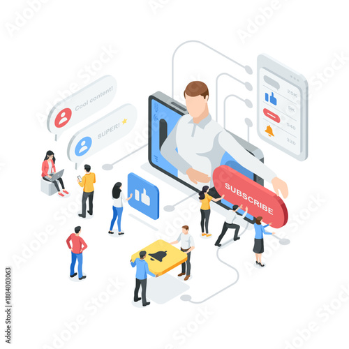 Isometric vector illustrations of people on a video platform clicking the subscribe and like buttons and leaving comments under a video where the author offers to subscribe to his channel, in color on