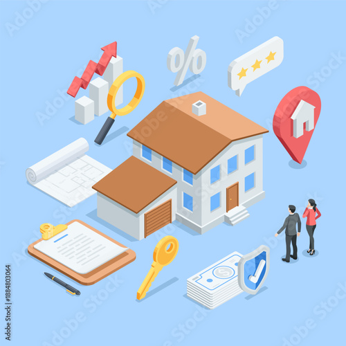 Isometric vector set on the theme of real estate sale, in color on a blue background, a house with a garage and a key, as well as people, documentation, and money