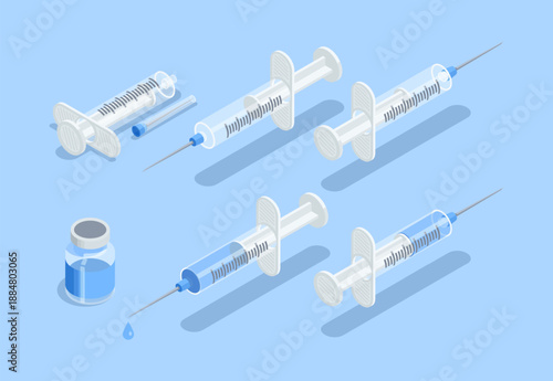 Isometric vector syringe from different sides, in color on a blue background, a medical instrument or treatment through drug injection