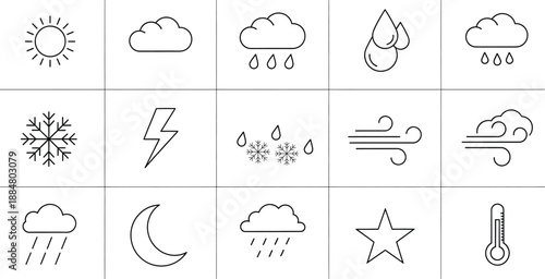 A collection of simple line art icons representing various weather conditions and elements