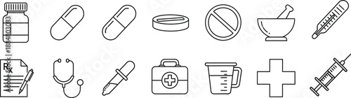 A collection of medical and healthcare icons featuring pharmacy symbols and first aid items