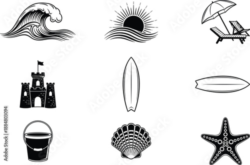 Summer beach icon set with wave sun surfboard shell starfish sandcastle and coastal vacation symbols in black and white vector style