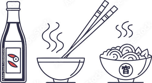 asian cuisine icon pack soy sauce chopsticks bowl