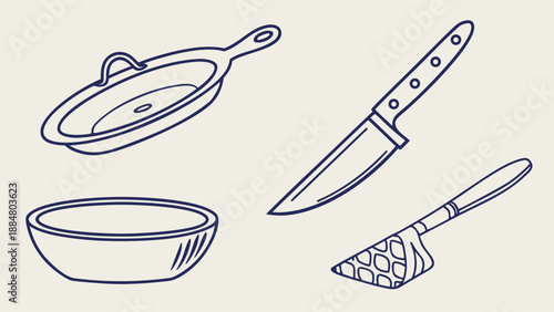 kitchen utensils icon set pan knife spoon bowl t