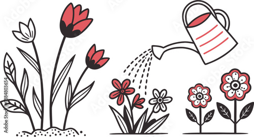 minimal garden icons flowers plants watering ca