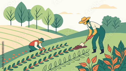 organic farming illustration crops field farmer