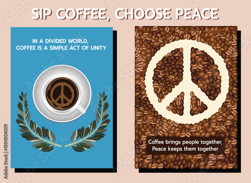 Inspirational poster design combining coffee and peace concepts, featuring coffee beans, a coffee cup, and positive unity messages. Suitable for café decor and creative wall art