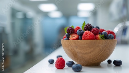 Fresh Berries Sit in Bowls on a Kitchen Counter During a Sunny Day in a Moder...