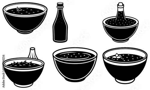 Illustration of various bowls and a bottle filled with olives and olive oil