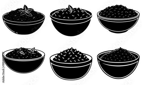An illustration depicts six bowls filled with various types of berries and fruits on a white background