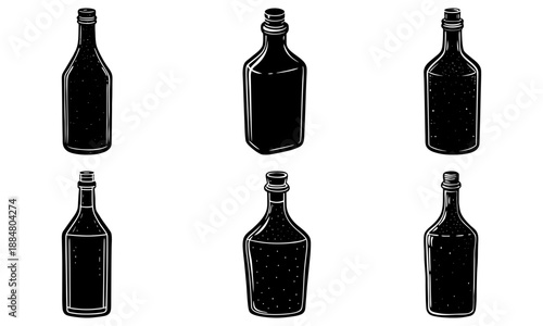 Six black bottles are arranged in two rows on a white background