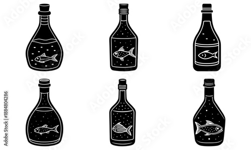 Six black bottles with various fish illustrations floating inside them