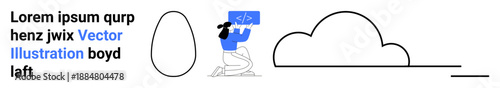 Technology, coding knowledge, vector design, IT concepts, modern learning, digital skills. Minimalist drawing of a woman holding a code graphic, with an egg and cloud. Technology and coding knowledge