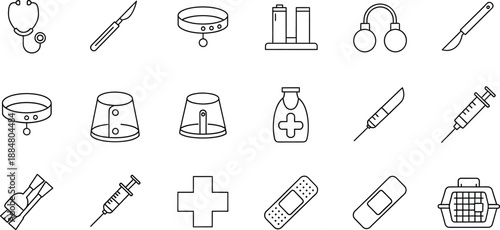Collection of outline icons representing veterinary medicine and pet care tools