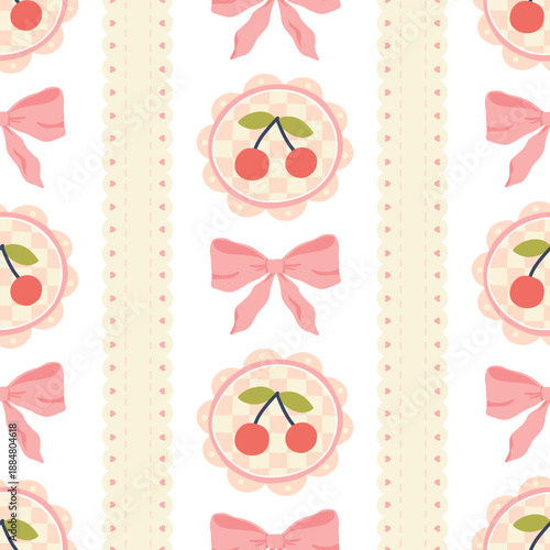 Seamless pattern with cherry charms and pink bows on white background. Cute doodle flirty girly cartoon style for nursery textiles, gift packaging and stationery. Stylish minimalist coquette aesthetic