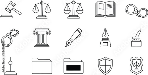 A detailed set of outline icons representing different aspects of law and justice