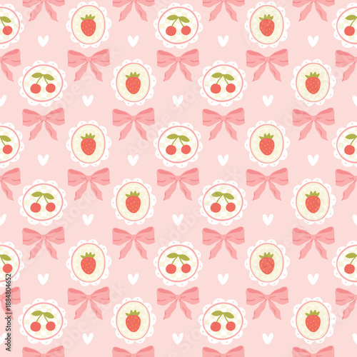 Cute flirty girly seamless pattern with strawberry, cherry and pink bows. Stylish doodle background for nursery textiles, gift packaging and fabric. Modern minimalist sweet design with white hearts.
