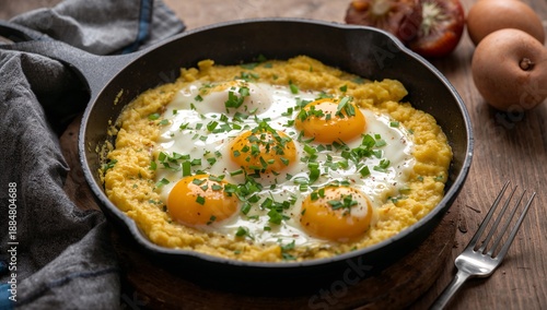Delicious Breakfast Dish With Eggs and Herbs Served in a Skillet