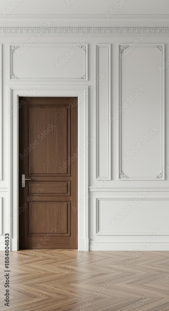 Obraz premium Minimalist architecture featuring a timeless white classic interior wall with elegant detailed molding surrounding a closed wooden door, design, architecture, classic