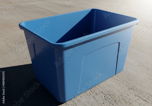 Empty Blue Plastic Storage Container, Concrete Background Illustration, Sunlight Outdoor Visual, Waste Management Symbol, Reusable Bin Graphic