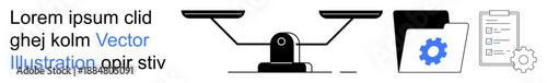 Legal framework, data management, optimization, fairness, system balance, workflow efficiency. A balance scale, folder and gear icon. Legal framework and data management concepts