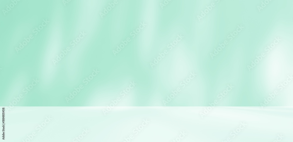 Fototapeta premium Empty turquoise blue green room studio with shadow of leaves for product presentation. Sunlight effect shadow. Minimal winter backdrop. Cosmetic, beauty and fashion showroom.