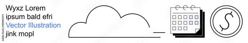 Obraz premium Cloud storage, digital organization, fintech, data management, business planning, workflow efficiency. Cloud shape, calendar dollar sign icon combination. Cloud storage and digital organization