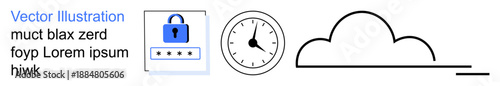 Cybersecurity, time management, cloud storage, data protection, sensitive information, online safety. Blue lock icon with password area, clock and cloud symbol. Cybersecurity and data protection