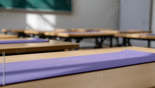 Classroom Setting With Purple Mats on Desks During Daytime With Sunlight Stre...