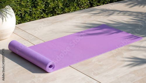 Yoga Mat Placed on Outdoor Patio Near Green Plants During Daytime