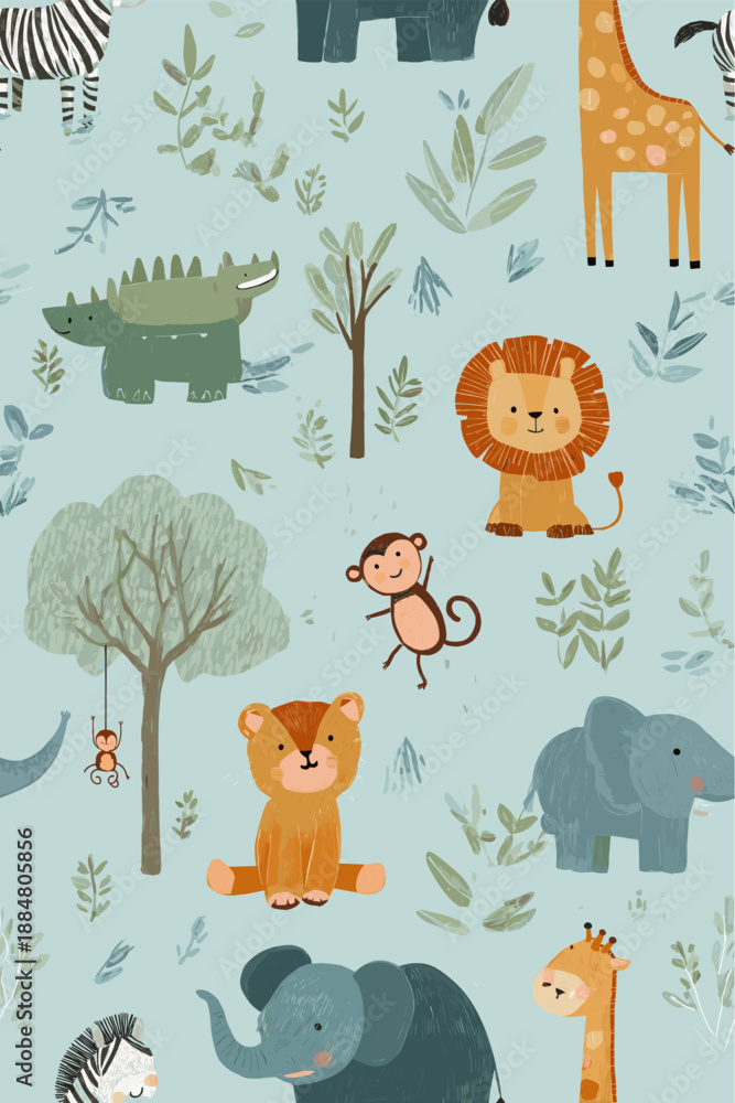 Fototapeta premium Safari animals pattern with giraffes, elephants, and lions on a light blue background. Cute cartoon jungle animals seamless pattern