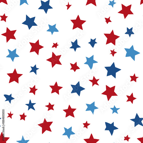 Red and blue stars forming a cheerful, seamless American flag inspired pattern. USA colors star pattern creating a patriotic background