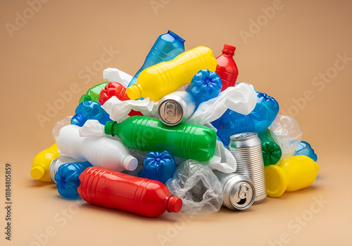 Large Pile of Plastic and Metal Waste, Recycling Concept Illustration, Eco-Friendly Waste Management, Material Sorting Graphic