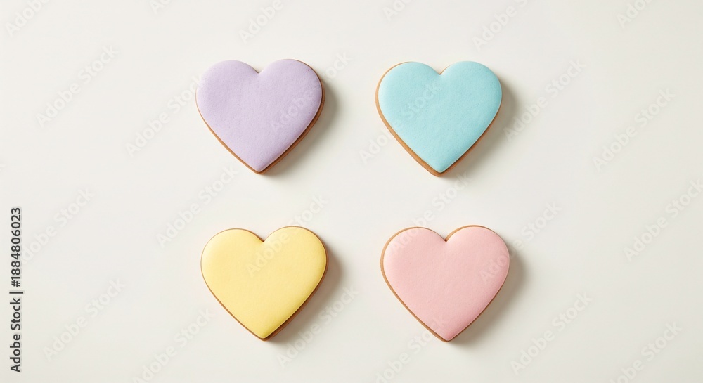 Fototapeta premium Four colorful pastel heart shaped cookies arranged in grid on white background, top view flat lay. Sweet pink, yellow, blue and purple glazed biscuits for Valentine's Day or Easter dessert concept.