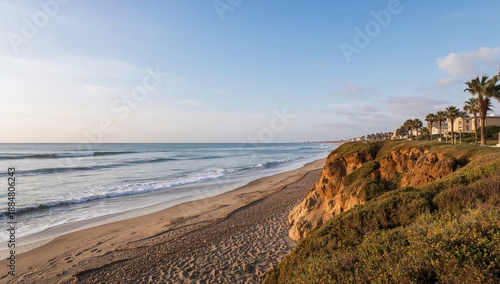 Waves Crash on a Beach With Cliffs and Buildings in the Distance During Sunset