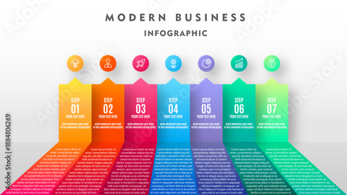 Modern Business Infographic Template with 7 Steps. Vector Set of Colorful Vertical Banners with Professional Strategy Icons and Text Placeholders