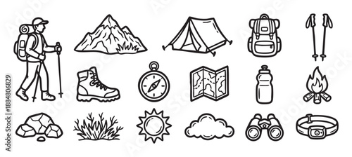 Collection of hand-drawn hiking icons in a simple black line art style showing a hiker, tent, mountain, and camping equipment for outdoor adventure concepts